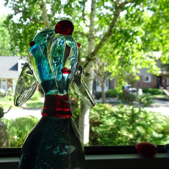 8" Vintage Murano Blue and Clear Glass Dog with Silver Flakes and Red Nose - Picture 5 of 16